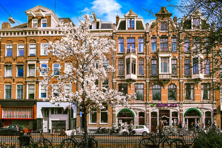 Dutch brick buildings on a spring day in Amsterdam, Holland.