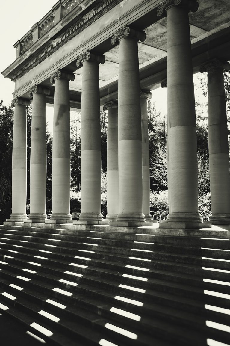 Black and white photo of columns, steps, and shadows.