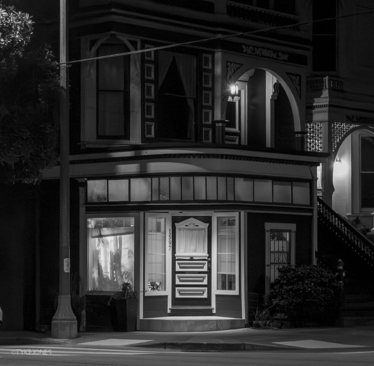 Black and white photo of a front door in San Francisco