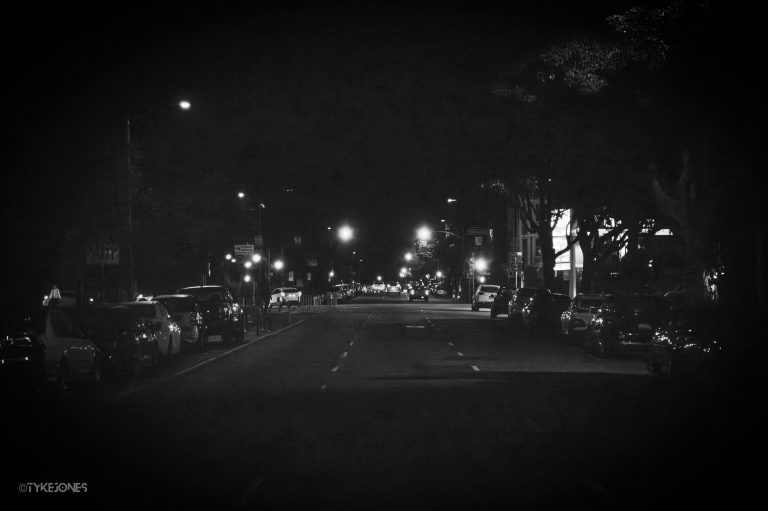 Black and white photo of Fell Street at Night in San Francisco