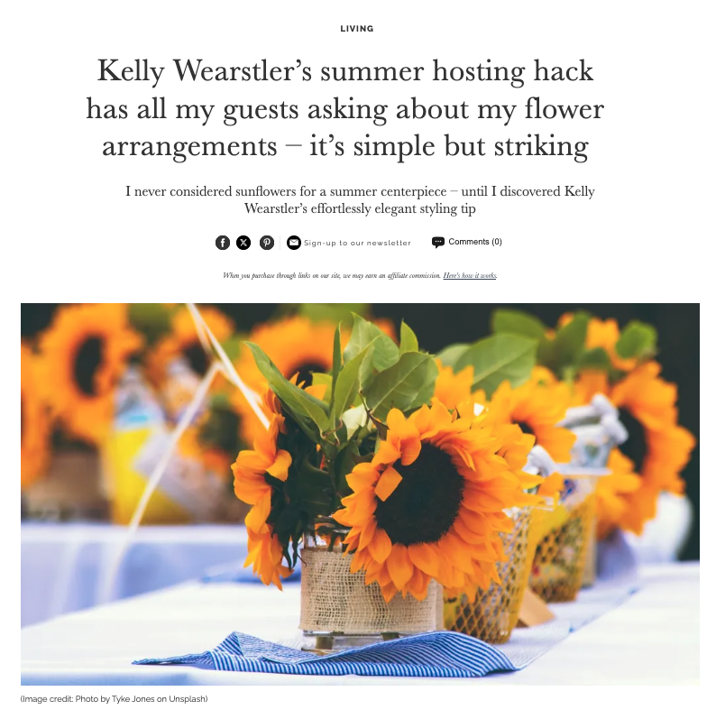 Screen shot of Homes and Gardens website page featuring a photo of sunflowers